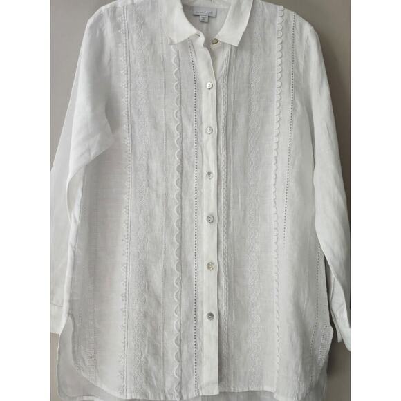 Love Linen J. Jill White Button Front Long Sleeve Embroidered Linen Tunic Mp - Picture 4 of 7